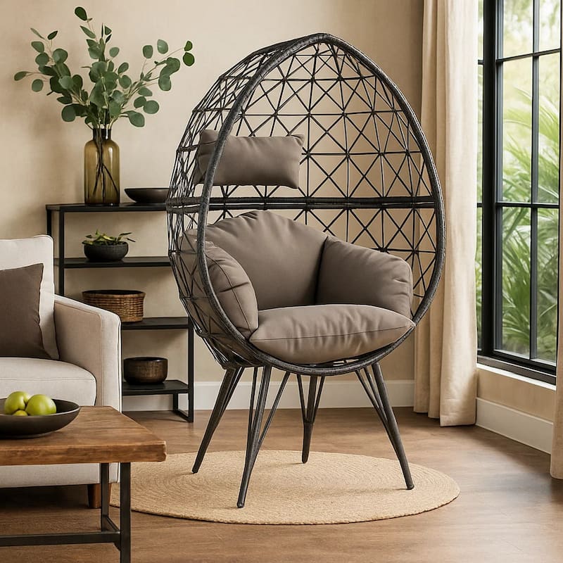 Patio Lounge Chair with Wicker Geometric Pattern, Black