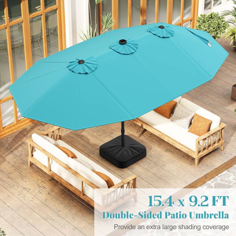15FT Double Sided Patio Umbrella with LED Lights and Hand Crank Canopy
