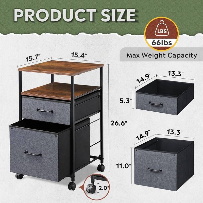 2 Drawer Mobile File Cabinet - 15.7"D x 15.4"W x 26.8"H