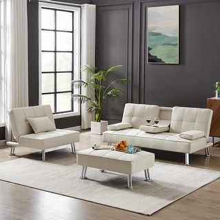 Beige Convertible Fabric Folding Sofa Bed with 2 Cup Holders
