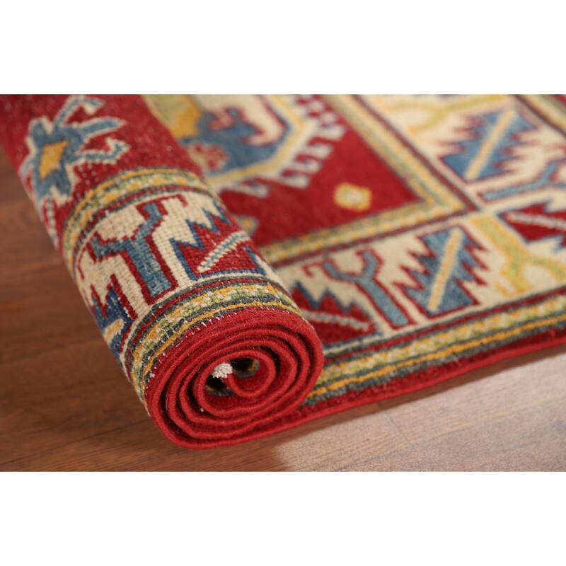 Geometric Kazak Foyer Rug Handmade Red Wool Carpet - 2'7" x 4'3"