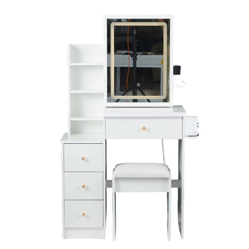 Dressing Table Set, 29.2" Vanity w/ LED Mirror, Charging Station,Stool - White