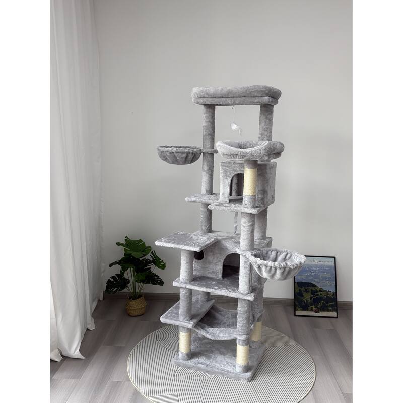 68 in Tall Multi-Level Green Cat Tree with Hammocks, Hanging Basket, Cat Cave, Removeable Cushion, Scratching Posts