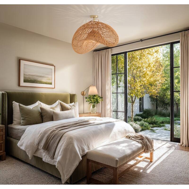 Sepherina Rattan Flush Mount - Rattan Natural 1-Light Handwoven Ceiling Light for Bedroom or Hallway in Modern, Farmhouse Style