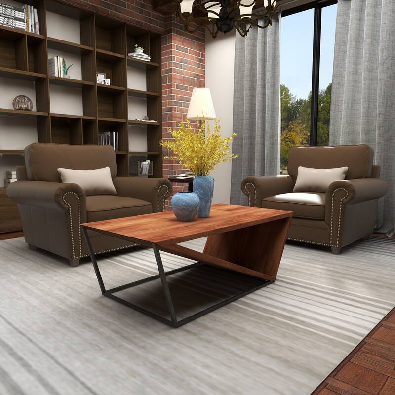 Brown Wood Diagonal Open Frame Living Room Coffee Table with Gray Metal Base