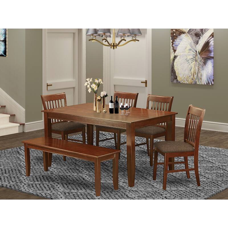 Kitchen Dining Set 6 Piece - Rectangle Table, 4 Chairs & Bench - Mahogany Finish