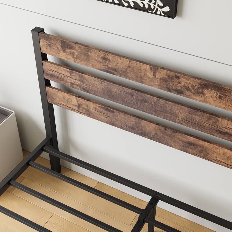 Rustic Brown  Full Size Modern Style Metal Platform Bed with Rustic Vintage Wooden Headboard for Bedroom
