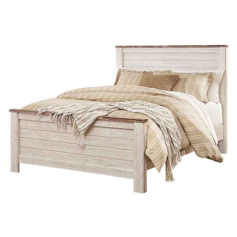 Isla Queen Panel Bed, Faux Planks Block Pattern, Whitewash & Brown Wood
