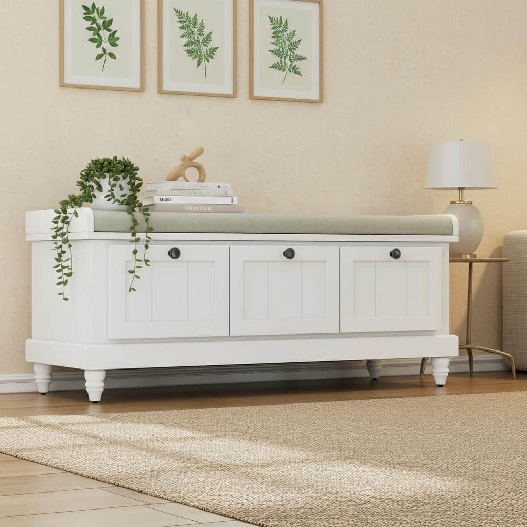 Classic Fluted Shoe Bench with Cushioned Top & Three Drawers by Harper&Bright Designs