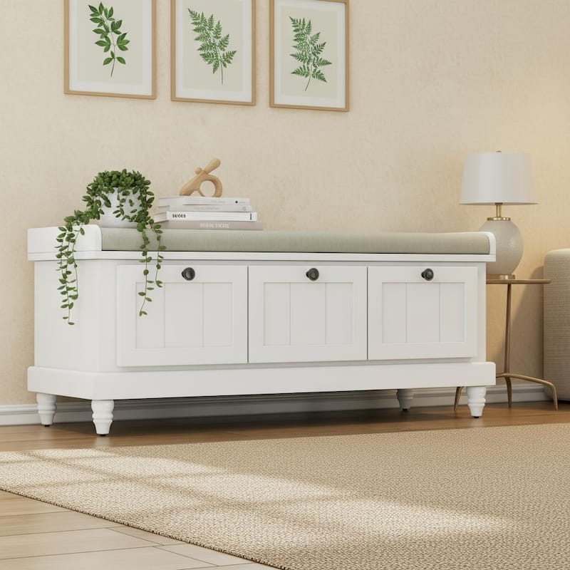 Classic Fluted Shoe Bench with Cushioned Top & Three Drawers by Harper&Bright Designs - White