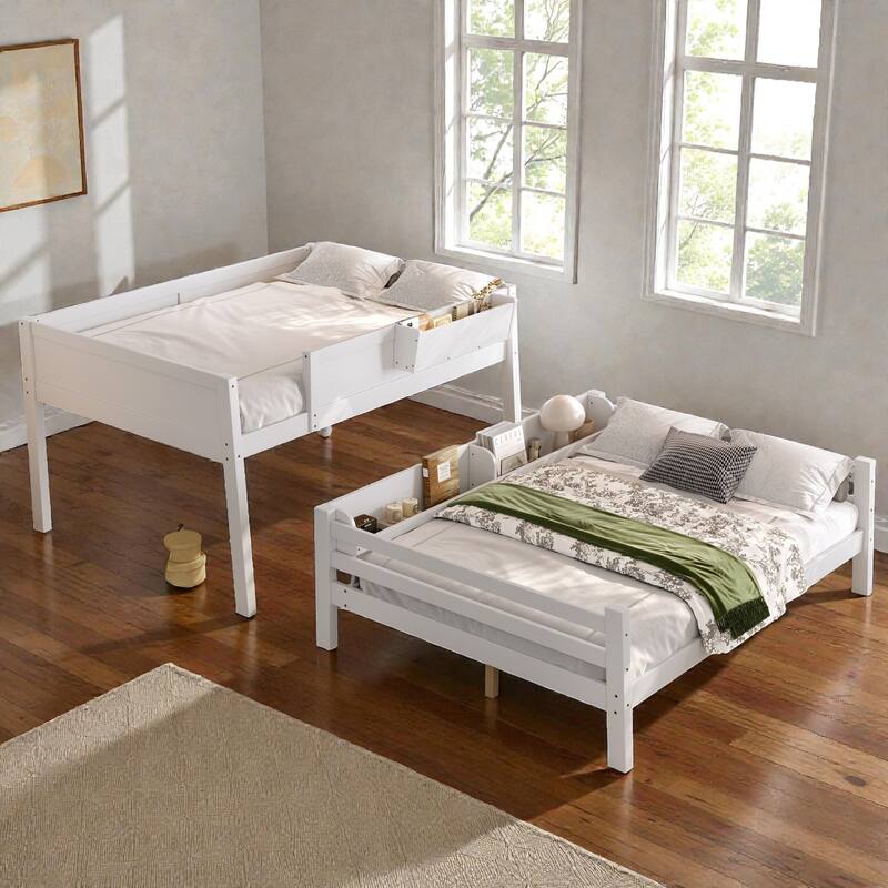 Wooden Bunk Bed Frame with Built-In Storage Shelves, Convertible to Two Beds, No Box Spring Needed
