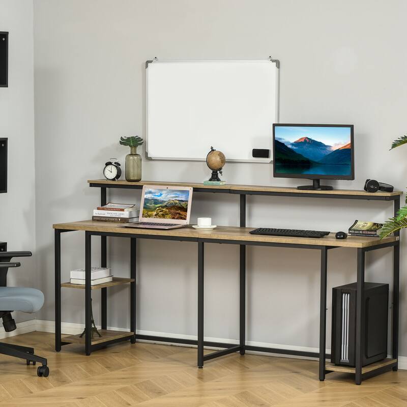 Industrial 2 Person Desk with Double Desktops and Monitor Shelves and Ample Storage for Shared Workspaces or Home Offices - Tan