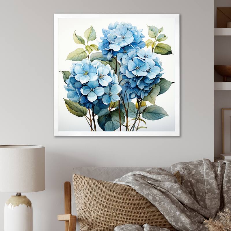 Designart "Blue Hydrangea Flower Elegance II" Hydrangea Wall Decor Blue Traditional Entryway Framed Wall Art Print - 30 in. wide x 30 in. high - White