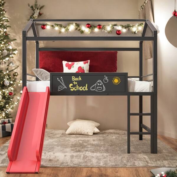 slide 2 of 10, Elegant Twin Size Metal Loft House Bed With Slide & Two-sided writable Wooden Board, Solid & Sturdy, Open Design Concept, Red Red