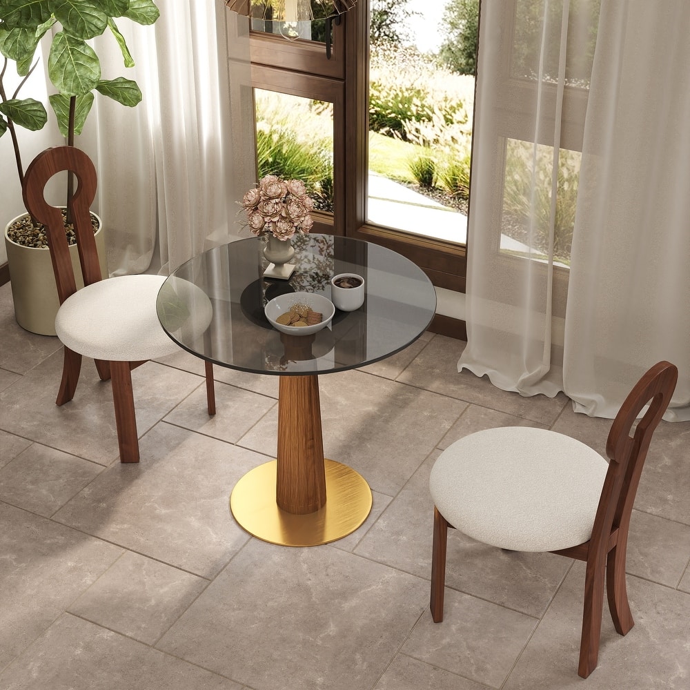 33" Retro Round Side Table, Glass & Sintered Stone Tabletop Dining Table with Solid Wood Pedestal