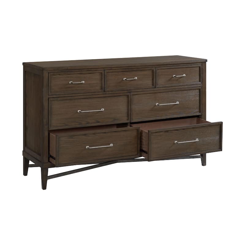 Preston 66" Wide Bedroom Dresser with 7 Drawers, Weathered Vintage Oak