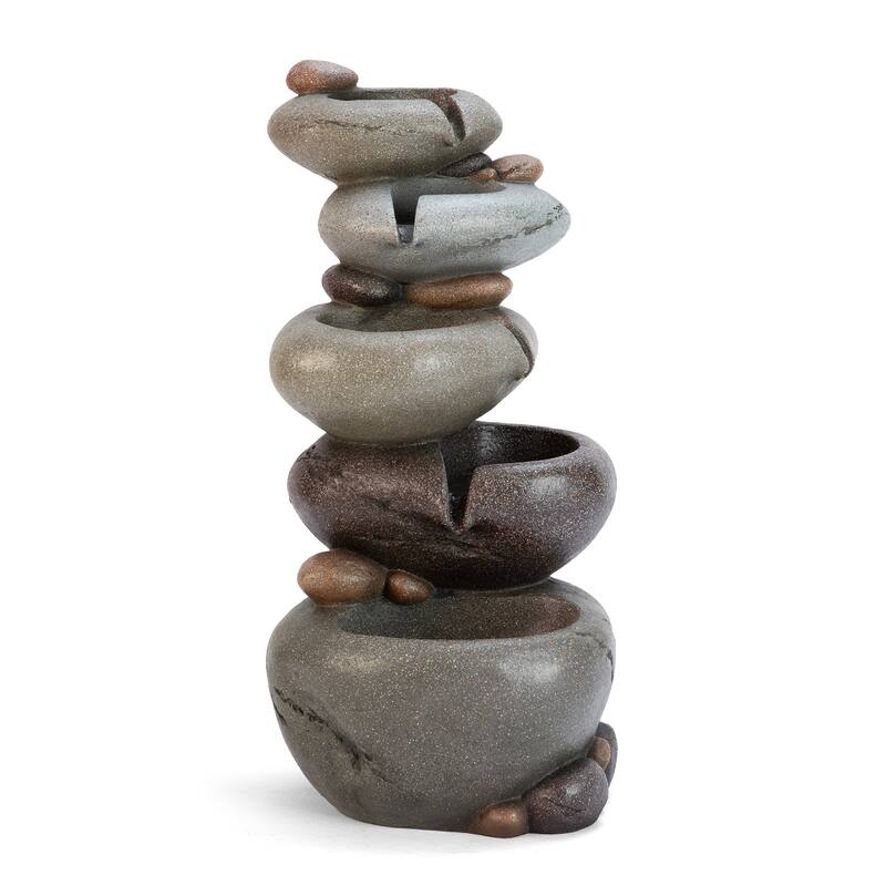 Glitzhome 24.5"H 5-Tiered Zen Style Stacked Pebbles Polyresin Outdoor Fountain with Pump and LED Light