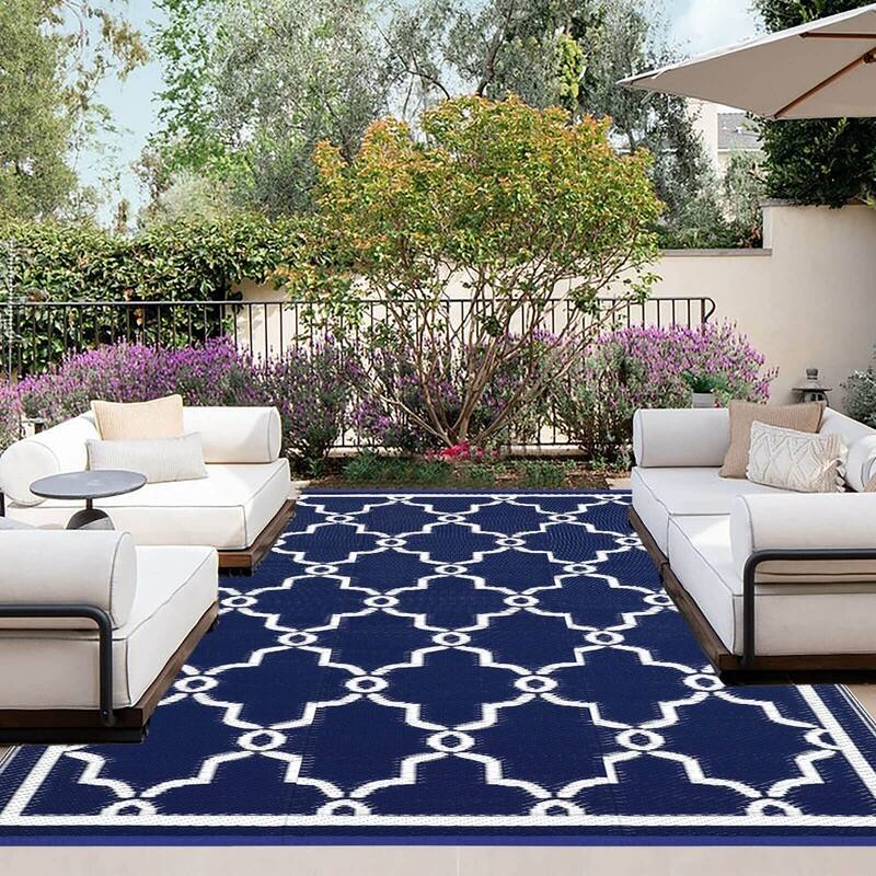 Outdoor Reversible Rugs for Patio, Outside Plastic Carpet - 6' x 4' (Rectangular) - 6' x 4' (Rectangular) - Rectangle - Moroccan 2/Navy & White