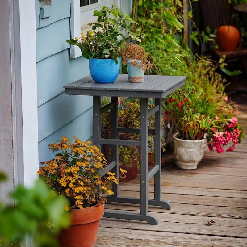 HDPE Bar-Height Outdoor Patio Pub Table, 42.1" Square High Top Bistro Table with Umbrella Hole, Weather-Resistant Slatted Top - Gray