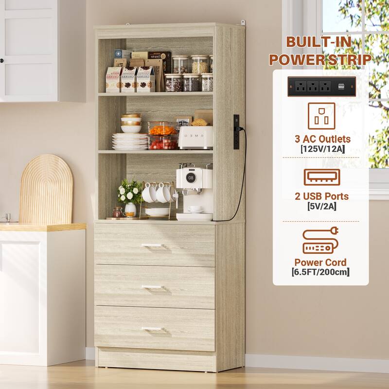 Tall Buffet Sideboard with Charging Station, Storage Pantry Organizer with Drawers and Shelves