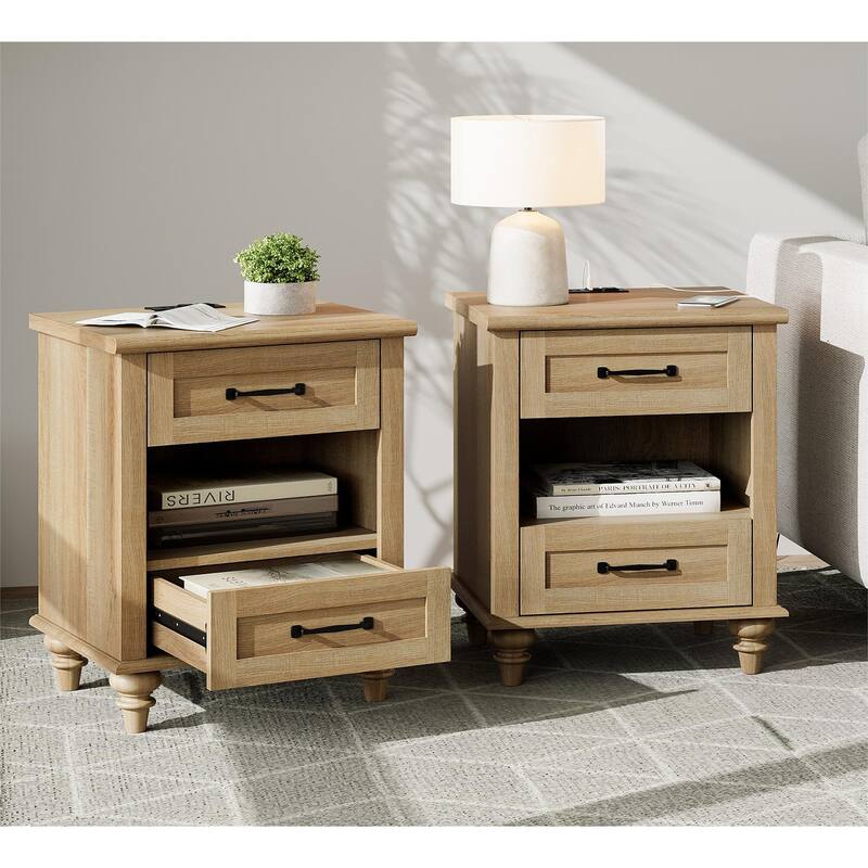 Farmhouse Nightstand Bedside Table, Wood 2-Drawer Side Table - Oak - 4-drawer