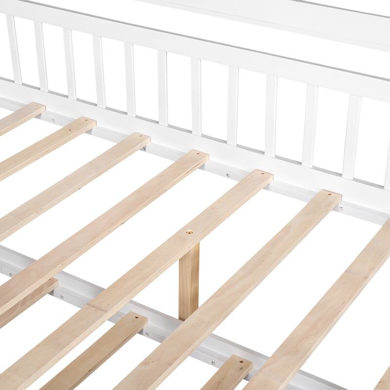 Wood Slat Support Roof House Bed Frame with Pull-out Trundle Bed, Side 2 Shelves Storage Platform Bed, Kids Panel Bed