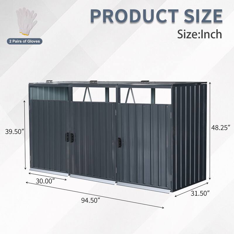 Garbage Bin Shed Stores 3 Trash Cans Metal Outdoor Bin Shed for Garbage Storage,Stainless Galvanized Steel, Bin Shed