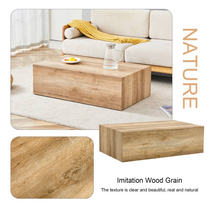 Modern Rectangular Coffee Table with Solid Base, Wooden Center Table with Imitation Marble Texture for Living Room