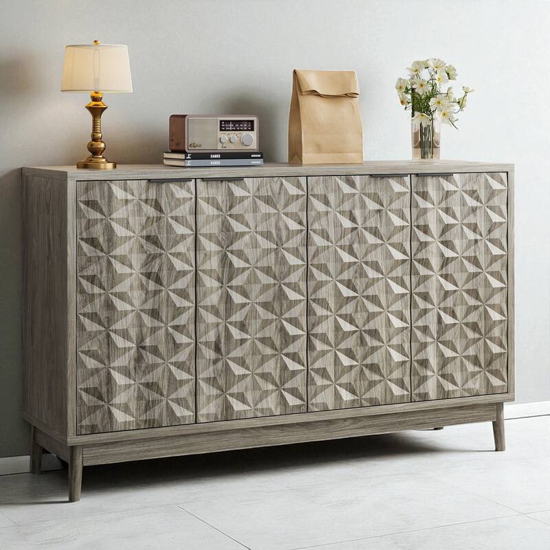 Modern Grey Sideboard Buffet Cabinet with 4 Diamond Relief Doors and Adjustable Shelves for Kitchen or Hallway