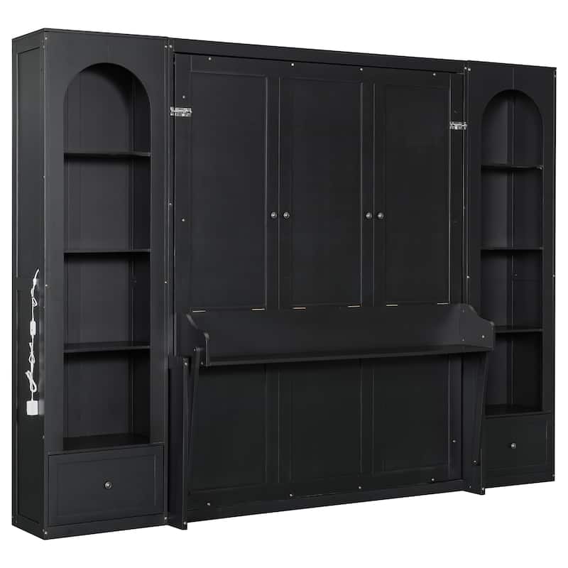 Murphy Bed Queen Size Bookcase Bed Platform Bed with Side Cabinets and 2 Drawers, Elegant French Folding Bed LED Wall Bed