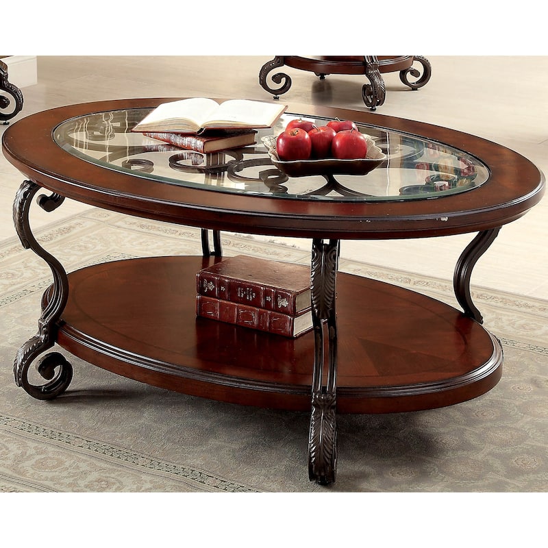 Cienna Traditional Brown Cherry 48-inch Glass Top 1-Shelf Coffee Table with Scrolled Metalwork - Brown Cherry - Glass