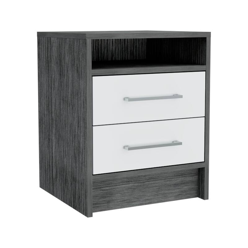 Smokey Oak and White Rectangle Nightstand with Two Drawers and Shelf