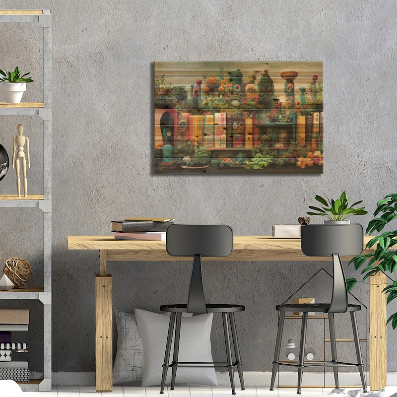 Of Whimsy Books And Flowers Print On Wood by Beth Sheridan - Multi-Color