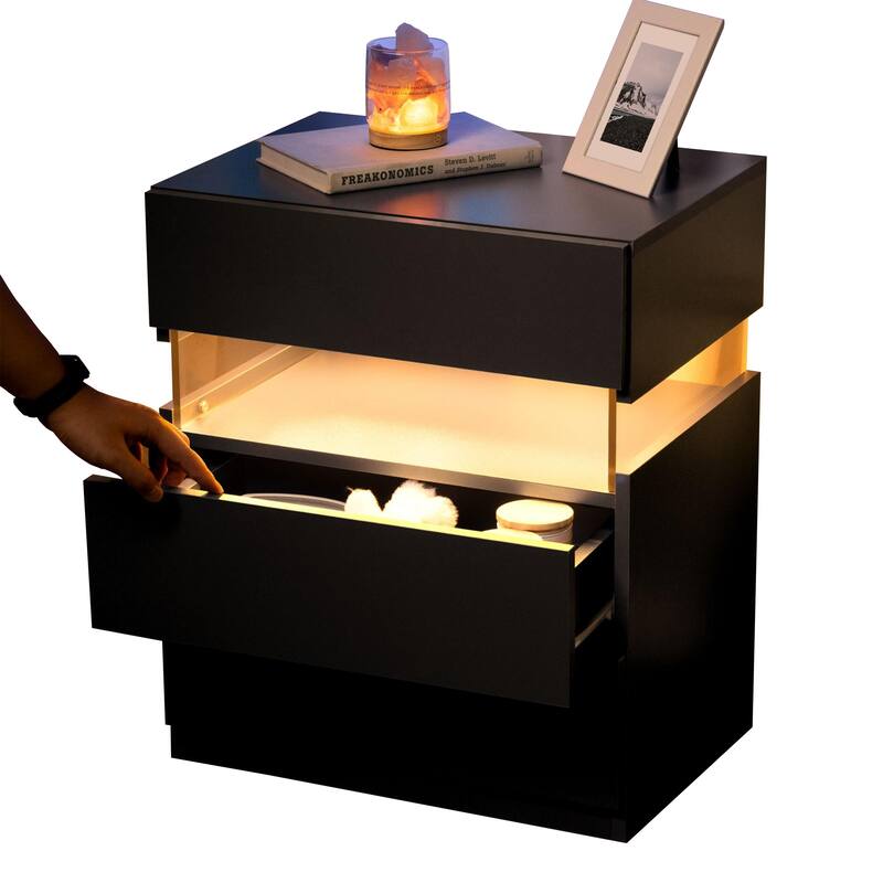 Black LED Nightstands with Acrylic Board and RGB LED Light - Modern End Table for Bedroom
