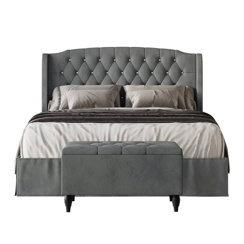 CraftPorch 2 Piece Bedroom Bench Set Velvet Wingback Upholstered Bed - Light Grey - Full