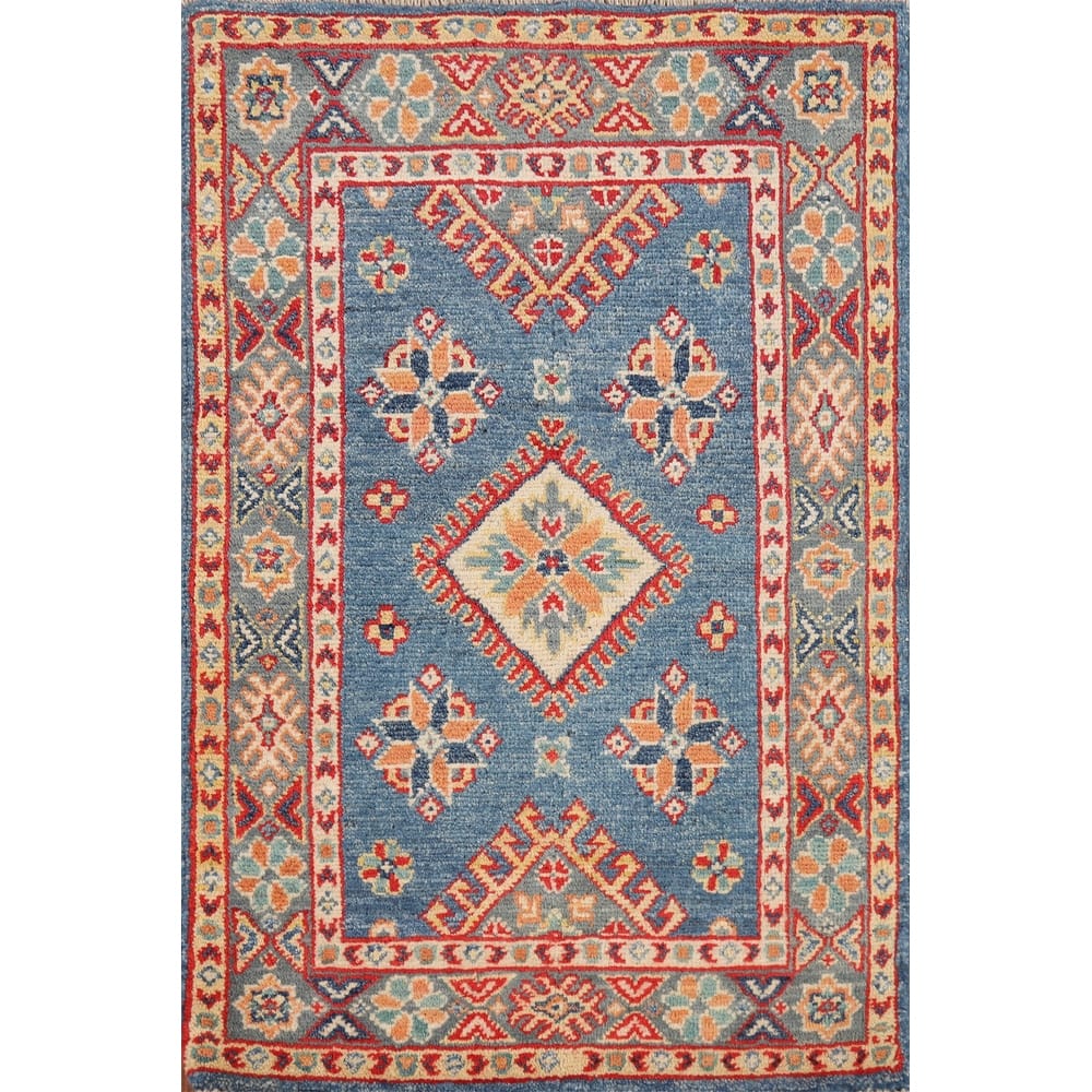 Blue Geometric Kazak Oriental Accent Rug Hand-Knotted Wool Carpet - 2'0" x 3'0"