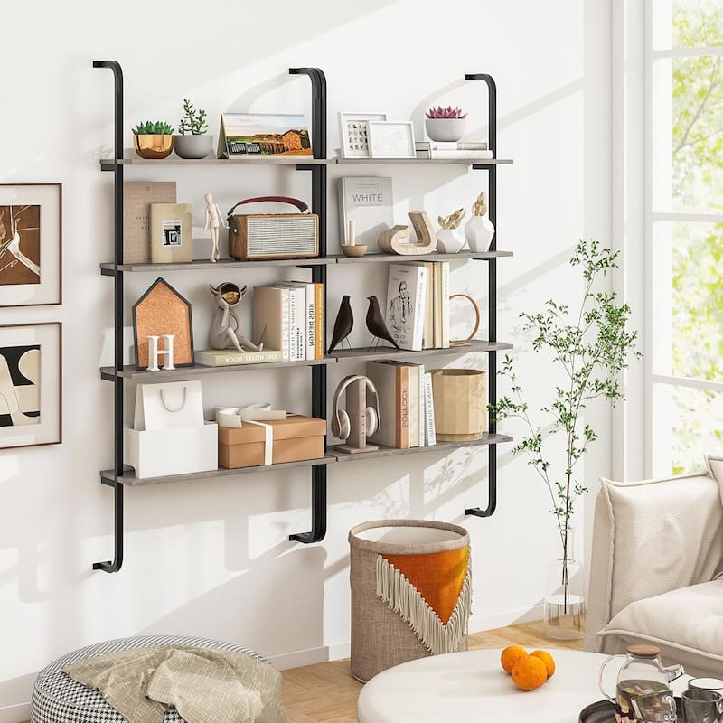Set of 1/2 Wall Mounted Pipe Shelving Unit 4-Tier Ladder Bookshelf