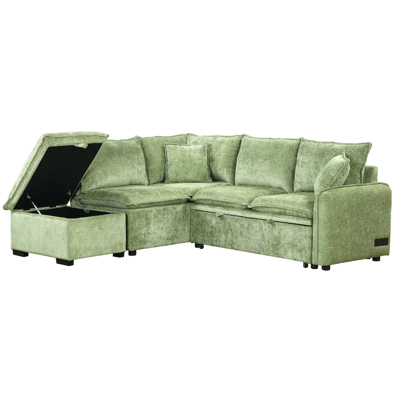 82.67" L-Shaped 5 Seater Convertible Sofa with Pull-Out Bed, Storage Ottoman, USB & Power Ports, Ergonomic Design