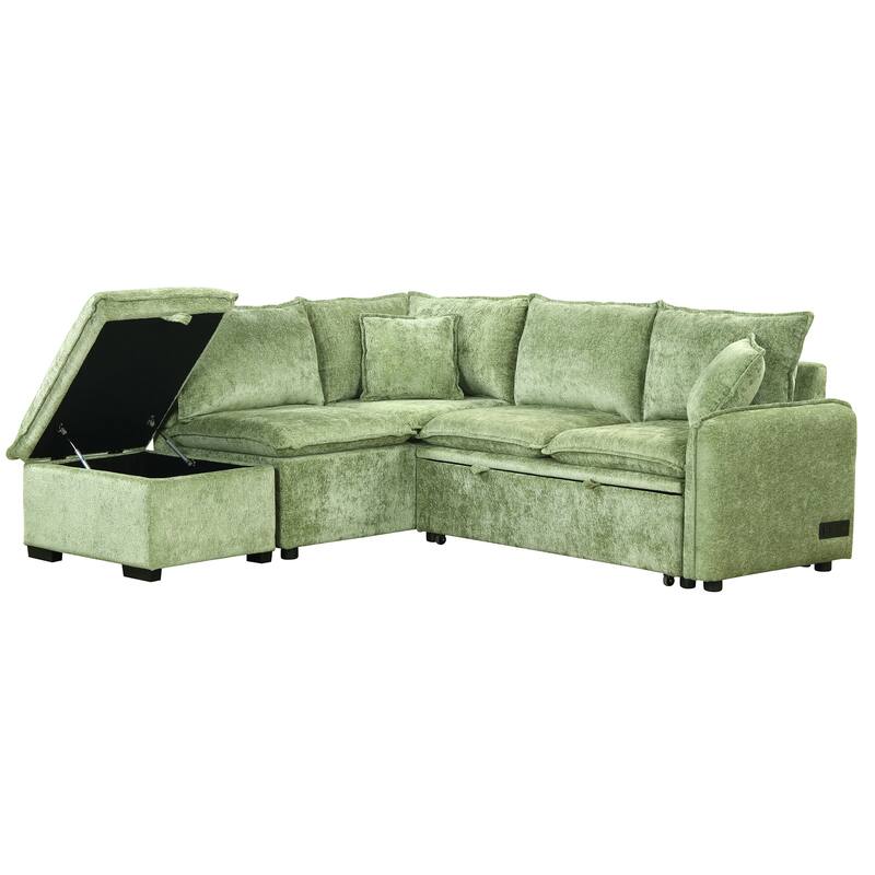 Convertible Sleeper Sofa Bed with Storage Ottoman, L-Shaped Sectional Sofa with 2 Pillows, 2 Power Sockets & 2 USB Ports