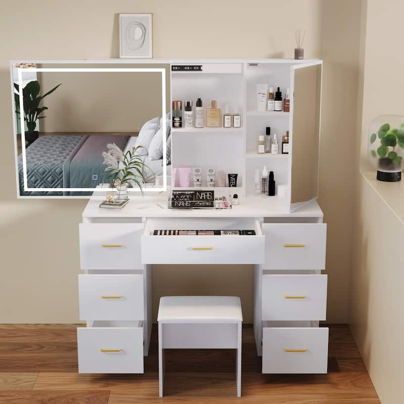 Vanity Set with Lighted Mirror,Extra Large Mirror Makeup Vanity Table with 7 Drawers,white
