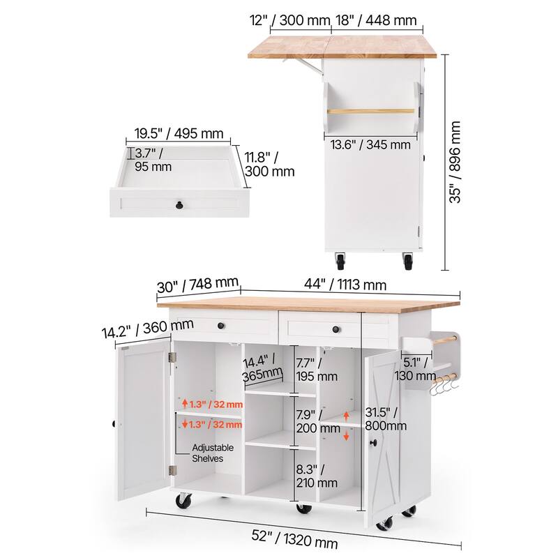 52" Kitchen Island Cart Rolling Storage Cabinet Table with Drawer & Drop Leaf