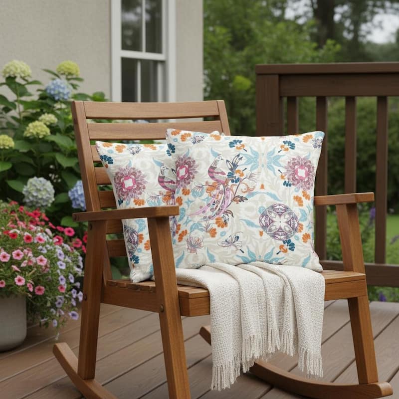 HomeRoots Set of Two 16" X 16" Blue and Off White Peacock Blown Seam Eclectic Indoor Outdoor Throw Pillow - Blue/Off White - 16.00' X '16.00' X '5.00