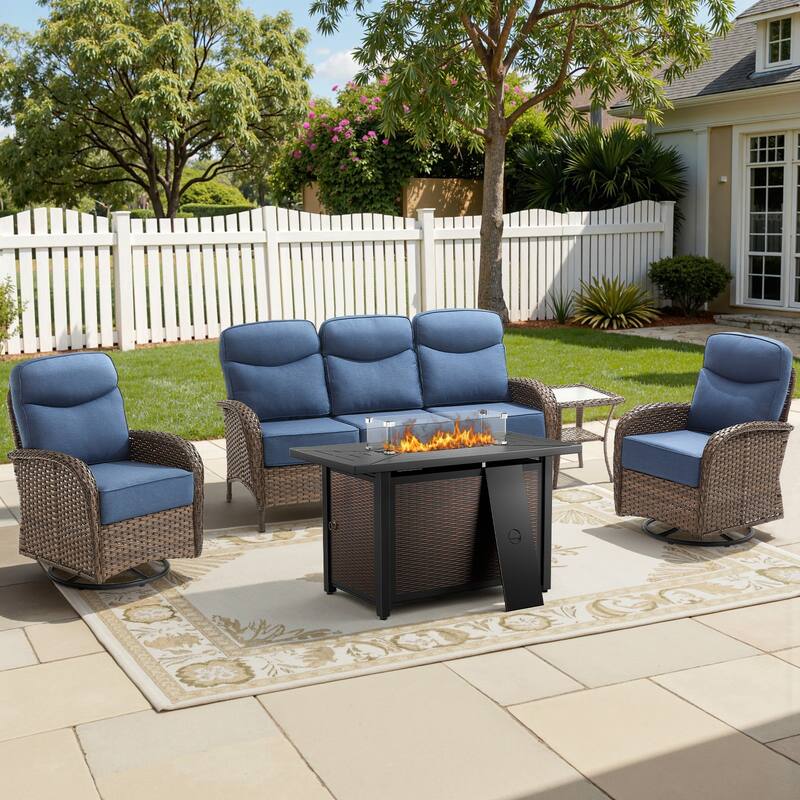 Luna 5-Piece Wicker Outdoor Patio Fire Pit Sofa Set with 6-Inch Thick Cushions
