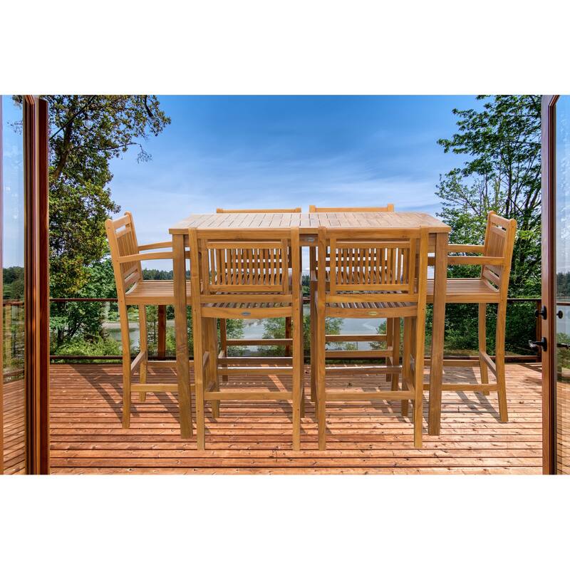 Chic Teak 7 Piece Teak Wood Maldives Patio Bistro Bar Set, 55" Bar Table, 2 Bar Chairs with Arms and 4 Armless Bar Chairs