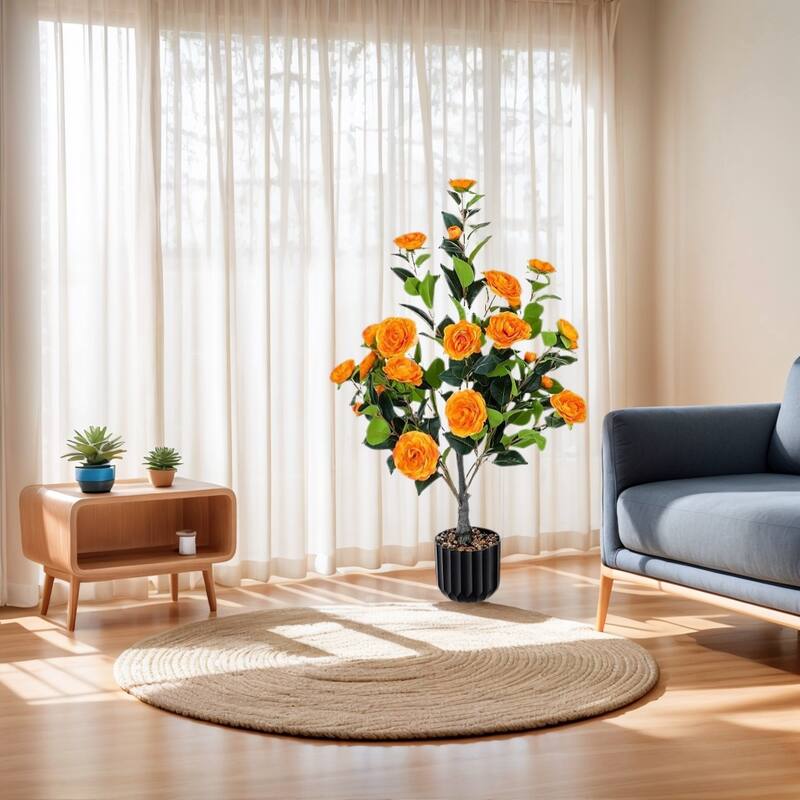 Artificial Camellia Tree 2 Pack, 36"Faux Camellia Plant in Pot with Orange Flowers, Greenery Potted Plant for Indoor Outdoor