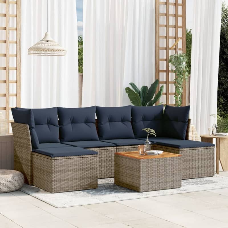 vidaXL Patio Sofa Set with Cushions Outdoor Furniture 7 Piece Poly Rattan - 24.4" x 24.4" x 27.2" - Gray