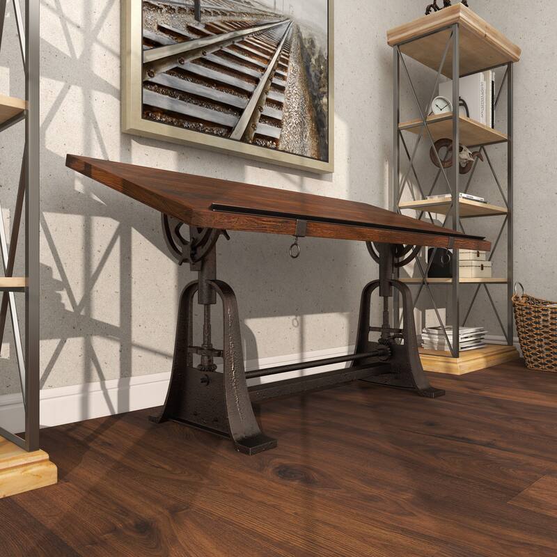 Teak Wood Drafting Style Desk with Tilting Top and Crank Height Adjustment - Brown - Roche River Decor
