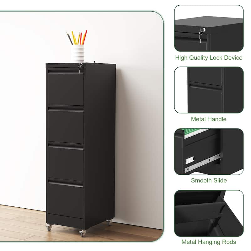 4 Drawer Metal Locking Vertical File Cabinet on Wheels - Heavy-Duty Lockable Cabinet for Home & Office