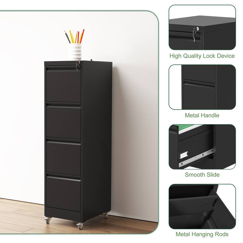 Modern Vertical File Cabinet, Heavy-Duty Lockable Filing Cabinet with 4 Drawer Locks and 4 Wheels, for Home Office, Black
