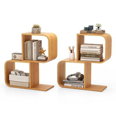 Gymax 2PCS Bamboo Geometric Bookshelf 2-Tier S-Shaped Bookcase w/